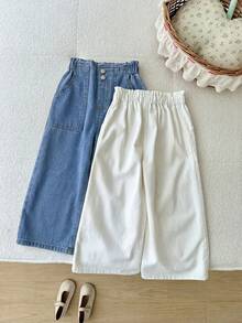 SHEIN 2pcs/Set Girls' Pink & White Loose Fit Denim Pants - Multicolor - View 2