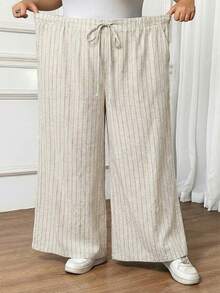 SHEIN CURVE+ Curve 尺码 US22 音乐节、海滨度假、波西米亚亚麻休闲裤、度假风、春夏 - 杏色 - 查看 7