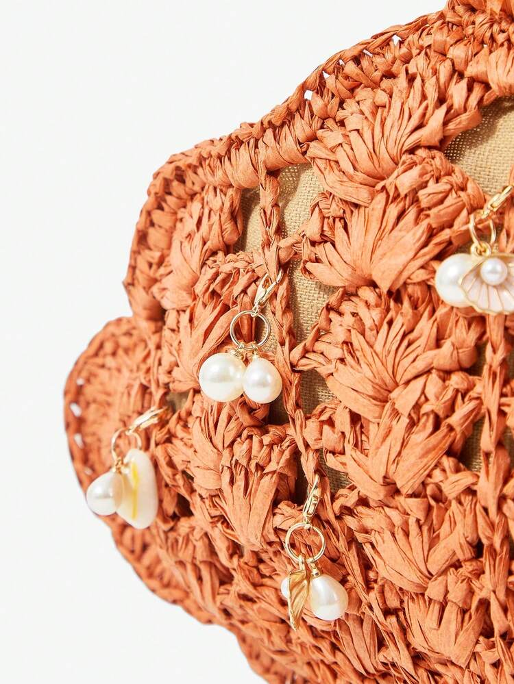 SHEIN Maija Ladies, Women Top Handle Bags, Straw Bag, Straw Woven Bag, Faux Pearls, Marine-Themed Ornaments, Fashionable, Elegant, Simple, Personalized, Versatile, For Beach, Vacation, Holiday, Summer, Seaside, Beach Party