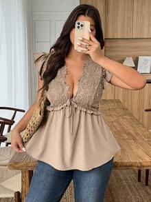 Weeklong Plus Size Women Casual/Vacation/Commute Lace Ruffle V-Neck Cap Sleeve Blouse - Khaki - View 3