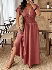 Breezaya Plus Size Women Deep Shirred Cinched Waist High Slit Dress - Redwood - View 1