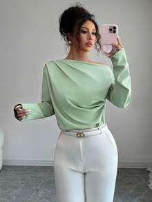 Elenzga Blusa de manga larga con volantes y hombros oblicuos para mujer, nueva para el otoño - Verde - Ver 7