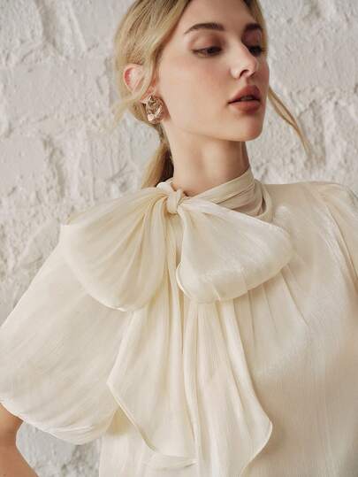 Anewsta Áo kiểu nữ thanh lịch, trang nhã, cổ buộc dây, tay ngắn, thích hợp mặc đi làm, hàng mới về mùa hè.