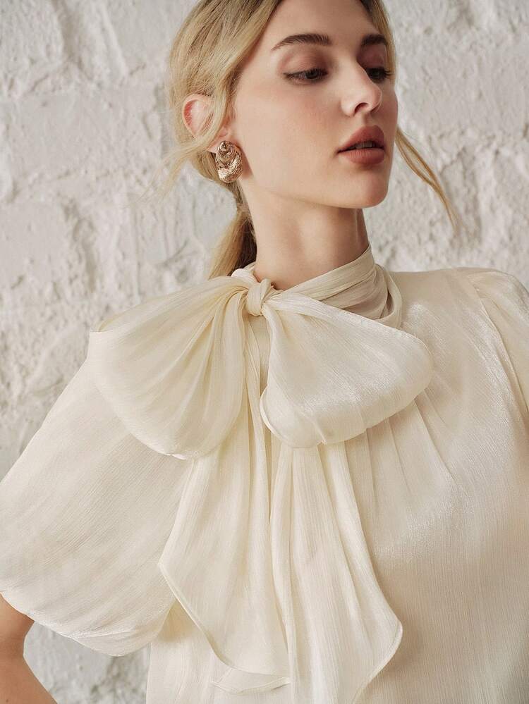 Anewsta Essential Elegant & Graceful Tie Collar Short Sleeve Casual Commuting Blouse For Women, Summer New Arrival
