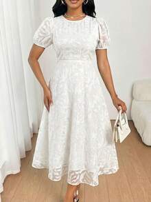 SHEIN Lady 女士时尚优雅圆领短袖中长连衣裙 - 白色 - 查看 4