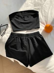 Comfortcana 女士休闲纯黑色上衣/吊带背心和短裤两件套，舒适家居服，短裤套装，女士舒适两件套，两件套夏季服装 - 黑色 - 查看 2