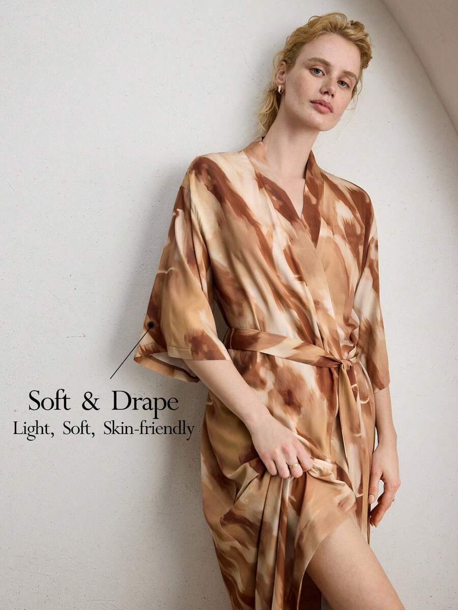 Ocili Comfortable Minimalist Chain Print Cotton Blend Robe With Tie Waist, Women Sleepwear, Chic Autumn - Red - View 1