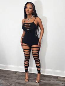 BamGleam 女士性感镂空网纱透视连体裤 - 黑色 - 查看 4