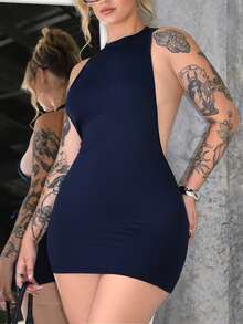 Arliah Solid Color Criss-Cross Backless Sexy Casual Mini Dress,Dresses For Women Party - Navy Blue - View 6