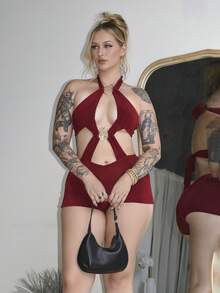 Arliah 新款休闲度假西部海滩婚礼宾客着装毕业早午餐女士服装圣帕特里克节春假复活节音乐节优雅波西米亚热带浪漫情人节圣诞节性感露背吊带酒红色金属镂空连体裤 - 酒紅色 - 查看 5