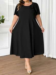 SHEIN CURVE+ Plus Size Women's Solid Color Bow Decor Round Neck Short Sleeve Elegant Mid-Length Dress - Black - View 4