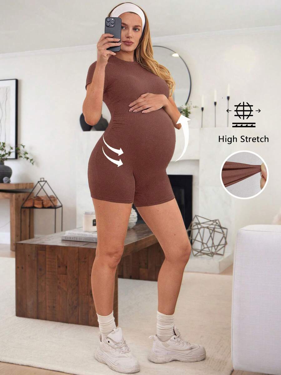 SHEIN 孕妇纯色圆领短袖休闲连体裤 - 咖啡棕 - 查看 1