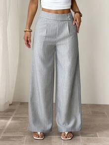 SHEIN PETITE Quần đồng phục giáo viên nữ màu hồng chất liệu tre, thiết kế khóa cài phía trước, thanh lịch, chuyên nghiệp, phù hợp cho các dịp Lễ Tạ ơn và Halloween. Kiểu dáng rộng rãi, thoải mái, ống đứng, thích hợp mặc trong các dịp lễ này. - Xám - Xem 4