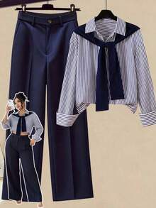 GlowEve CURVE Bộ 2 món áo sơ mi kẻ sọc tay dài cài nút và quần ống rộng dáng rộng dành cho nữ cỡ lớn - Nhiều màu - Xem 1