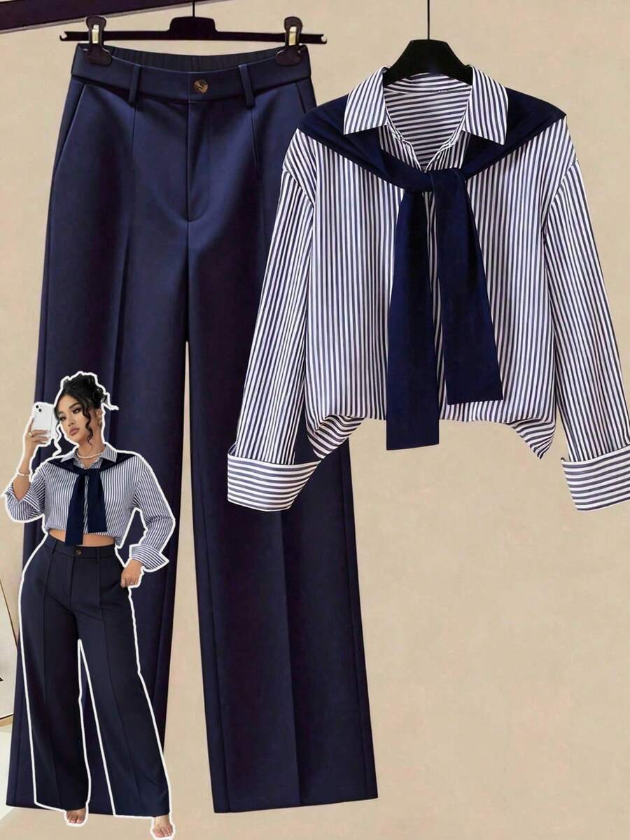 GlowEve CURVE Bộ 2 món áo sơ mi kẻ sọc tay dài cài nút và quần ống rộng dáng rộng dành cho nữ cỡ lớn - Nhiều màu - Xem 1