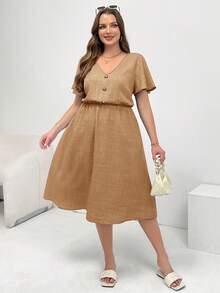 Shapeblank Vestido casual de verano holgado y cómodo para mujer de talla grande, de longitud media con bolsillos, cuello en V, mangas cortas, estilo europeo de verano, adecuado como atuendo - Caqui - Ver 4