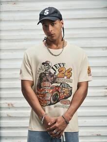Modcrash 男士时尚街头服饰文字图案卡其色短袖宽松赛车 T 恤 - 卡其色 - 查看 5