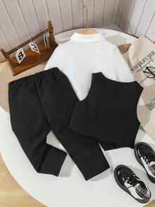 SHEIN Bộ quần áo lịch sự 3 món cho bé trai - Áo sơ mi dài tay cổ trắng kèm nơ, áo vest hai hàng khuy và quần ống rộng cạp chun, thời trang và thoải mái, phù hợp cho mùa xuân/thu, lựa chọn tốt nhất cho tiệc sinh nhật, sự kiện buổi tối, đám cưới, lễ rửa tội, tựu trường, lễ kỷ niệm và các dịp lễ khác. Bộ vest lịch sự cho bé trai, trang phục trang nhã cho mùa tựu trường. - màu đen - Xem 2