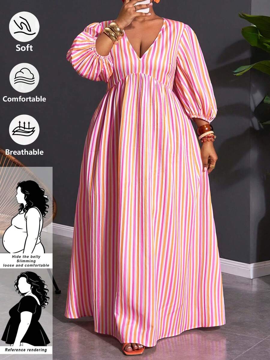 SHEIN CURVE+ 加大码粉色条纹V领连衣裙，适合所有肤色