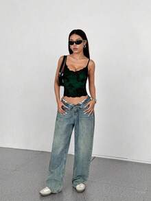 Rina Fox 法式性感蕾丝撞色露背吊带背心女式印花T恤女式上衣 - 綠色 - 查看 6