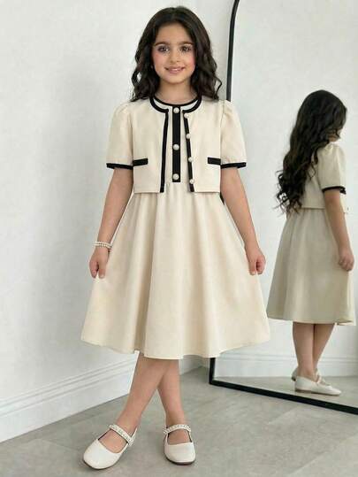 SHEIN Girls' Apricot Bamboo Knot Bubble Short Sleeve Jacket, Paired With Apricot Matching Zipper Front Dress, Jacket Front Decorated With 3 Apricot 3D Floral Appliques And 3 Faux Pearl Buttons, Fashionable And Elegant, Suitable For Daily, Commute, Gathering And Party Wear