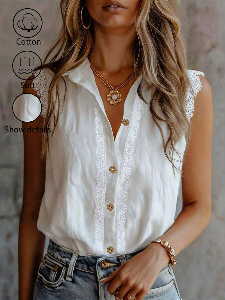 Women's Casual Lace Trim Sleeveless Top, Basic Vacation Wear, Spring/Summer - White - View 1