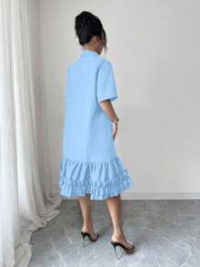 Franclia 夏季宽松艺术设计荷叶边拼接女装 - 藍色 - 查看 2