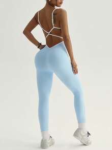 SHEIN Sovereign Charm 女士无袖马卡龙蓝连体裤，后背交叉绑带设计，适合日常休闲穿着、跑步、瑜伽、健身、网球、高尔夫等运动。 - 藍色 - 查看 4