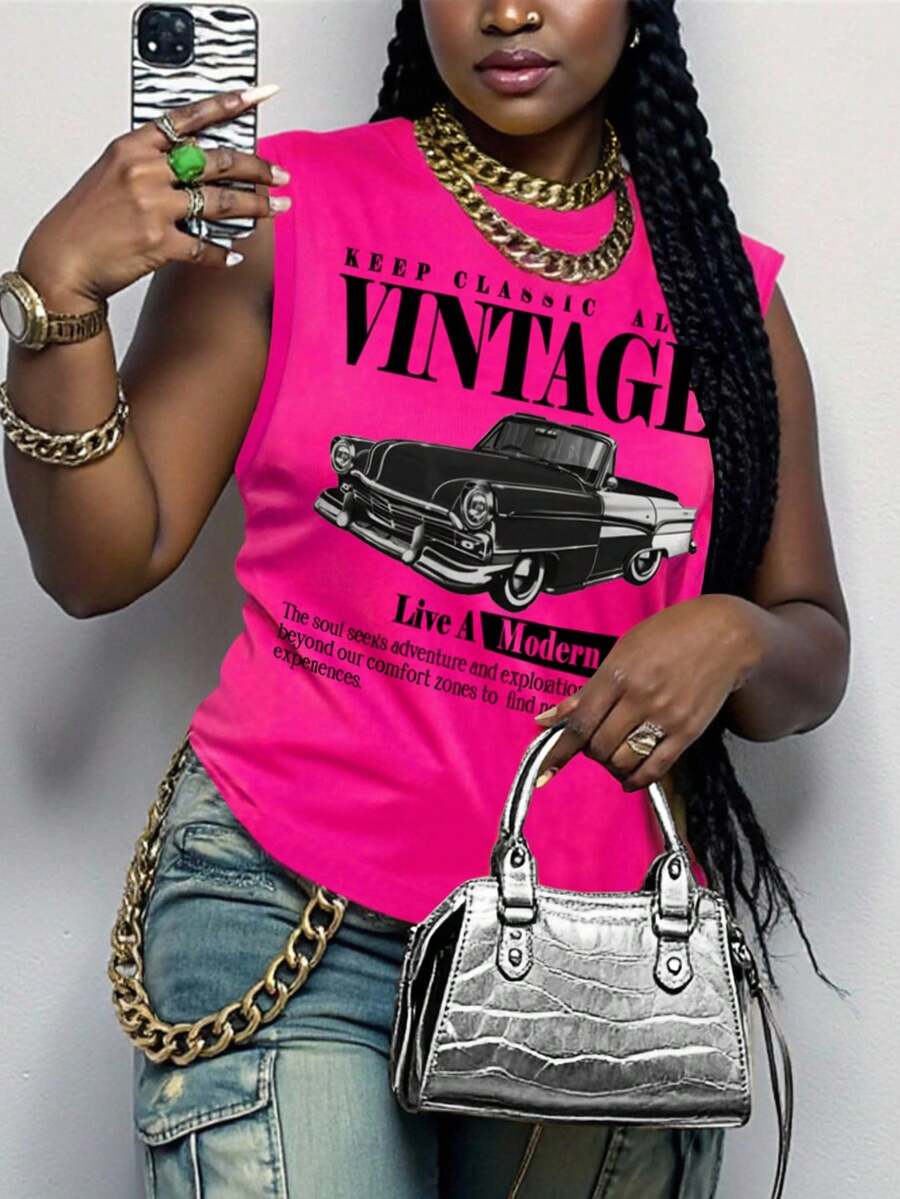 Maweii Women's Casual Turtle Print Round Neck Tank Top Women's Vest Tops Women's Tops For Summer Turtle Tank Top Women's Tops Women's Tank Tops Summer Women Tee Tshirt For Ladies Funky Clothing Items For Women Vintage Wear Swag Clothes Women - Hot Pink - View 1