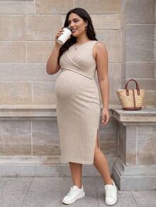 Plussiva Đầm ôm dáng không tay, xẻ tà bên hông, màu trơn, dành cho phụ nữ mang thai cỡ lớn, thích hợp cho mùa hè. - Màu be - Xem 2
