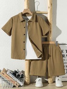 Tween Boy Solid Color Single-Breasted Short Sleeve Shirt And Shorts Casual Daily Outfit - Camel - View 3