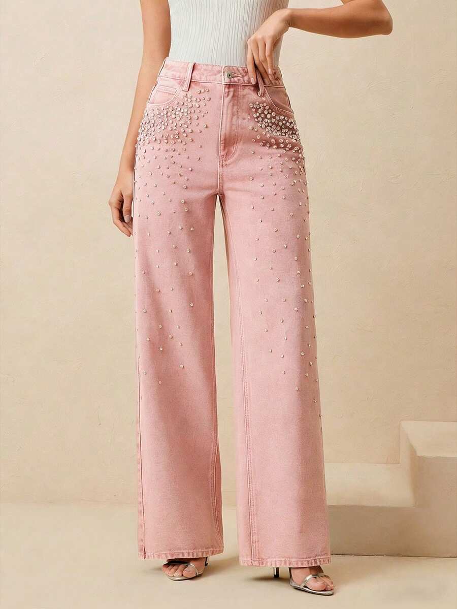 Anewsta Women's Straight-Leg Elegant Party Pants With Rhinestones, Suitable For Spring, Valentine's Day, Christmas, And Formal Occasions - Pink - View 1