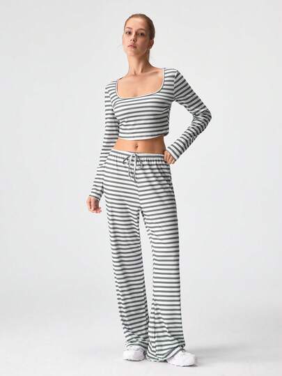 Loungeista 两件套女士圆领长袖上衣+松紧腰裤睡衣套装