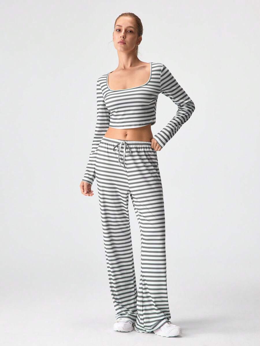 Loungeista 两件套女士圆领长袖上衣+松紧腰裤睡衣套装