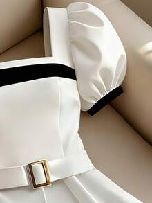 Franclia 2026 Y2K 复古风白色缎面方领荷叶袖衬衫 - 甜美清新风格，黑色荷叶边下摆，修身腰身，休闲派对时尚上衣 - 白色 - 查看 5