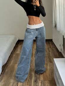 SHEIN CURVE+ 大码女式撞色腰褶阔腿宽松休闲牛仔裤 - 藍色 - 查看 6
