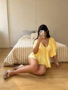 Sunnyshic 复古宽松V领柔软雪纺女式短袖T恤 - 淡黃色 - 查看 3