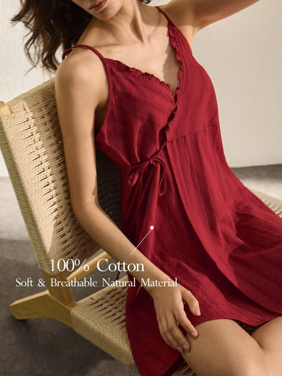 Ocili Đầm hai dây cotton 100% thoải mái, họa tiết kẻ sọc, có dây buộc bên hông dành cho nữ. - Đỏ - Xem 1