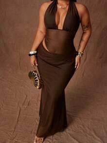 Rustia Modisches Spaghetti-Träger Mesh V-Ausschnitt Mesh Camisole Set mit Fischschwanz Bodycon Rock - Braun - Übersicht 7