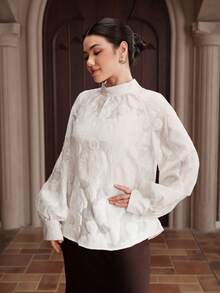 Graceveil Áo sơ mi nữ cổ đứng, chất liệu jacquard, kiểu dáng thường ngày, đa năng. - Màu be - Xem 3