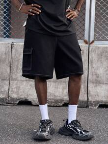 Loose Fit Men's Denim Shorts With Flap Pockets And Side Design Baggy Distressed Jorts Plain Black Work Basic Friends Hiking Urban Vacation Work - Black - View 7