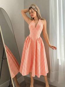 Sweetina 女士收腰格子露背连衣裙 - 橘色 - 查看 4