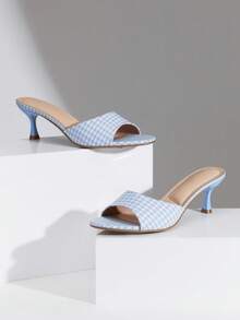 SHUZIA Giày sandal cao gót mũi nhọn thoải mái cho nữ, màu xanh kẻ caro, chất liệu vải. - Màu xanh lam - Xem 7