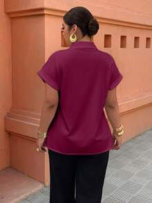 Breezaya Plus Size Women's Embroidered 3D Floral Casual Vacation Shirt, Spring/Summer - Burgundy - View 2