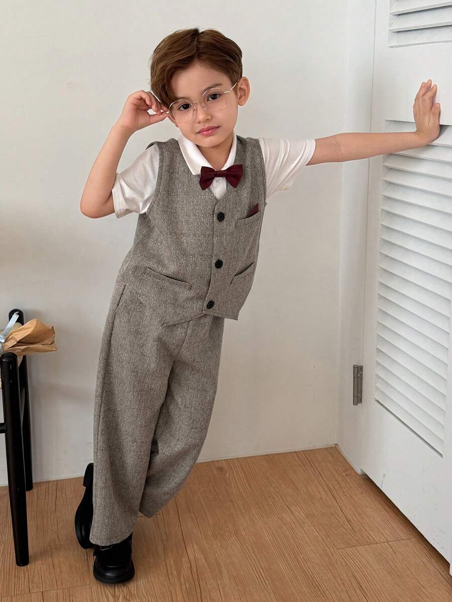 DAZY Young Boy English Style Gentleman Suit Vest, Short Sleeve Shirt And Pants Formal Outfit - Grey - View 1