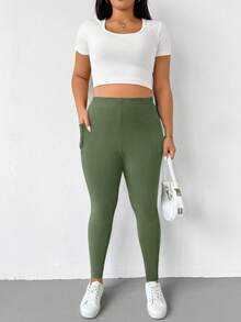 SHEIN Essnce Plus Size Women's 2 Pieces Of Dark Green Leggings With Pockets,Yoga Fitness Pants,Comfort Capri Joggers Gym,Gothic Sommar Lounge Sets,Casual Elegant - Multicolor - View 4