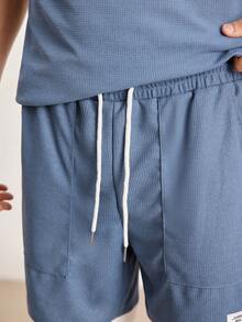 Driftmere 男士休闲字母拼布圆领背心和短裤套装，夏季蓝色两件套男士舒适服装 - 霧霾藍 - 查看 6