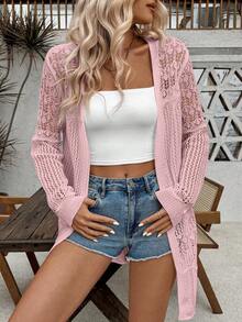 SHEIN LUNE 女士纯色镂空休闲百搭开衫，适合日常穿着 - 淺粉色 - 查看 6