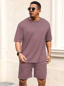 Manfinity Homme Plus Size Men's Crew Neck Short Sleeve Ribbed Loose T-Shirt Set - Pink - View 6