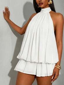 SHEIN SXY Đầm cổ yếm màu trơn xếp nếp viền gấu dành cho nữ cỡ lớn - trắng - Xem 2